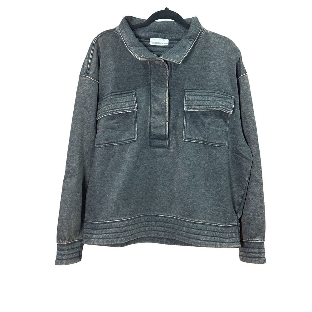 Zenana Women Mineral Wash Quilted Pullover Sweatshirt Black Medium OTW-4326Y